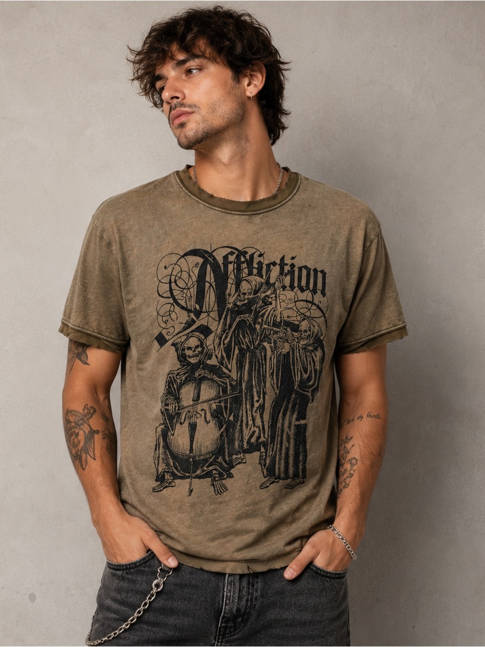 Affliction Olive Green Graphic Short Sleeve Cotton Tee Black Print Size Medium